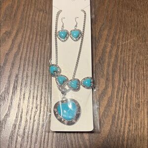 Turquoise Heart Pendant Necklace, Bracelet and Earring Set - Blue Silver Tone